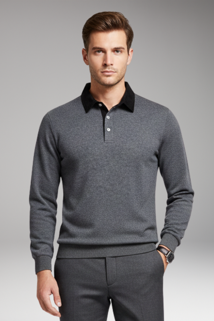 Men's Polo Shirt with Button Closure and Ribbed Cuffs