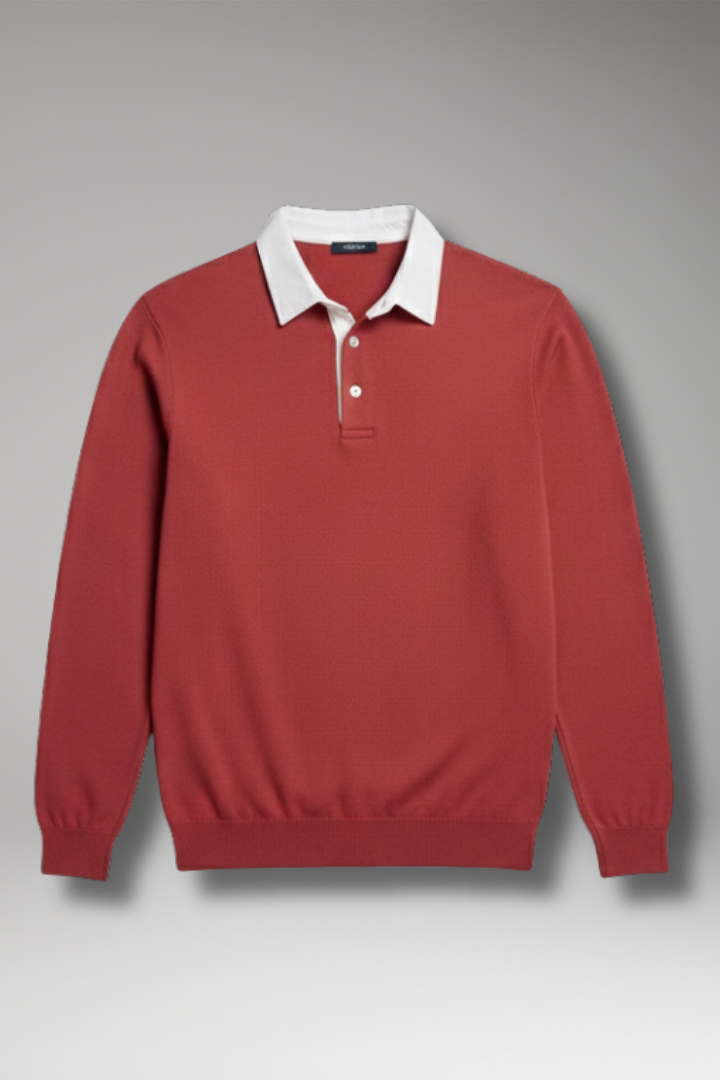 Men's Polo Shirt with Button Closure and Ribbed Cuffs