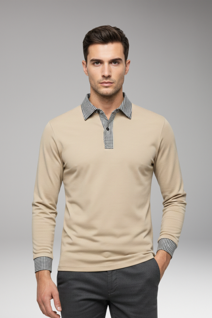 Men's Polo Shirt with Contrasting Collar and Woven Cuffs