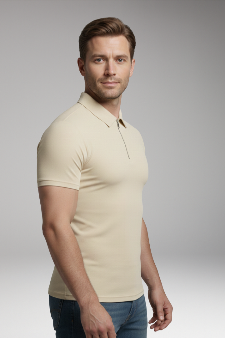 Men's Polo Shirt with Zip Fastening and Collared Neck