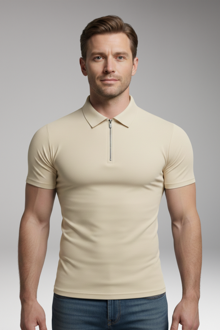 Men's Polo Shirt with Zip Fastening and Collared Neck