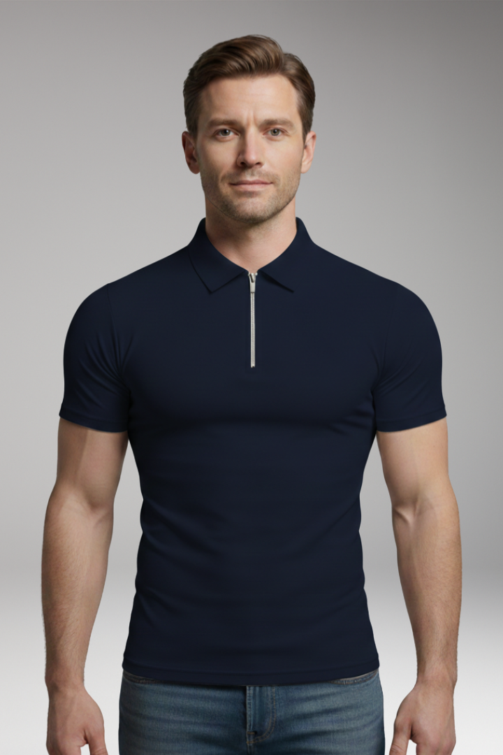 Men's Polo Shirt with Zip Fastening and Collared Neck