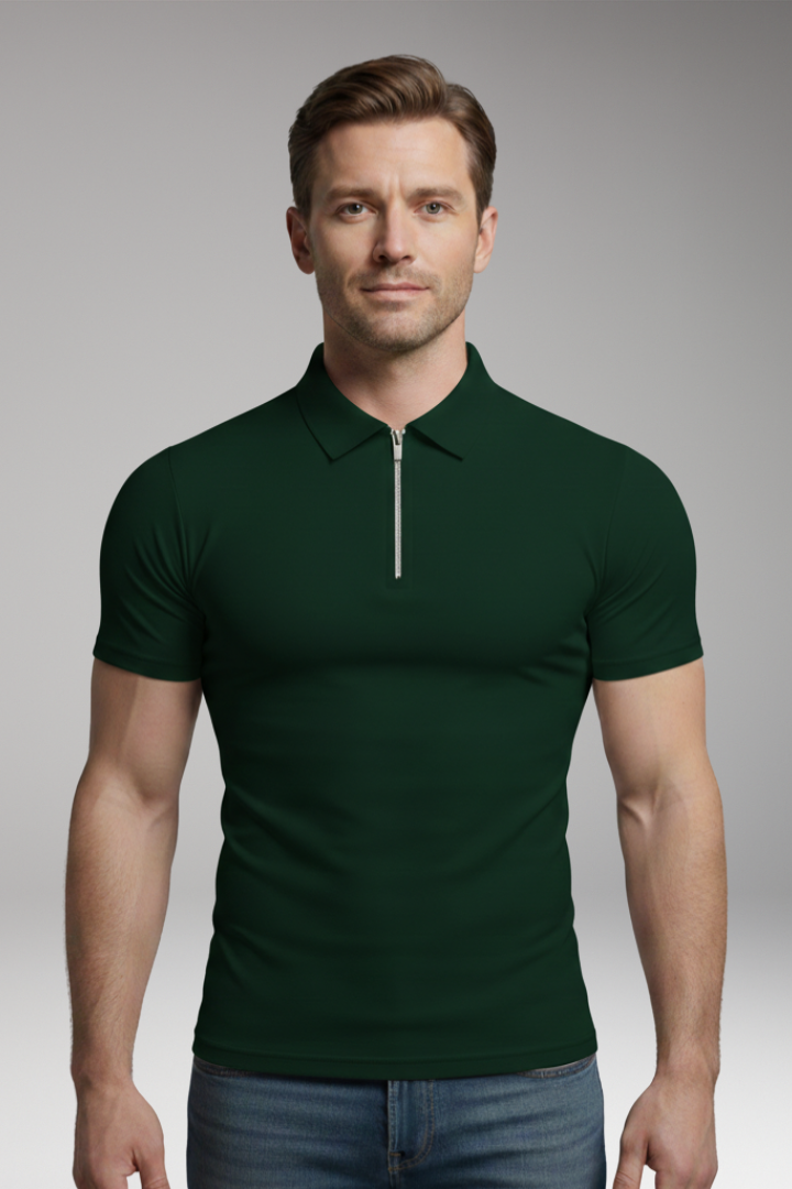 Men's Polo Shirt with Zip Fastening and Collared Neck