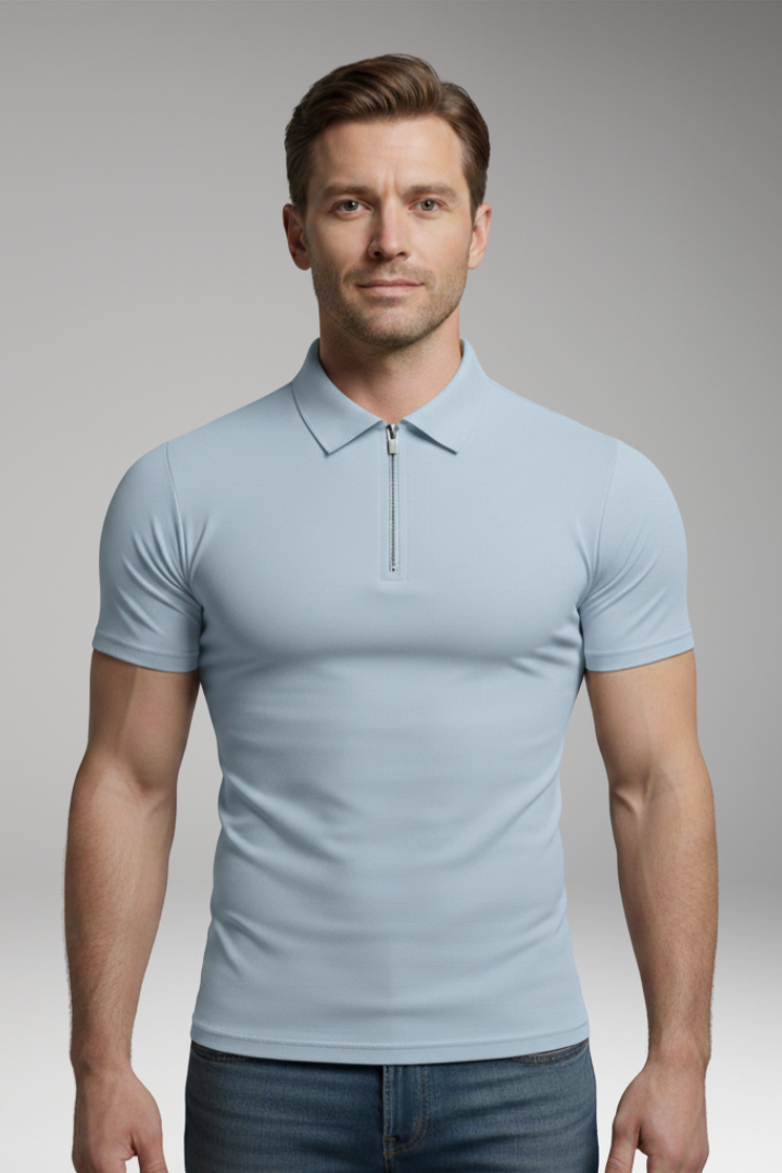 Men's Polo Shirt with Zip Fastening and Collared Neck