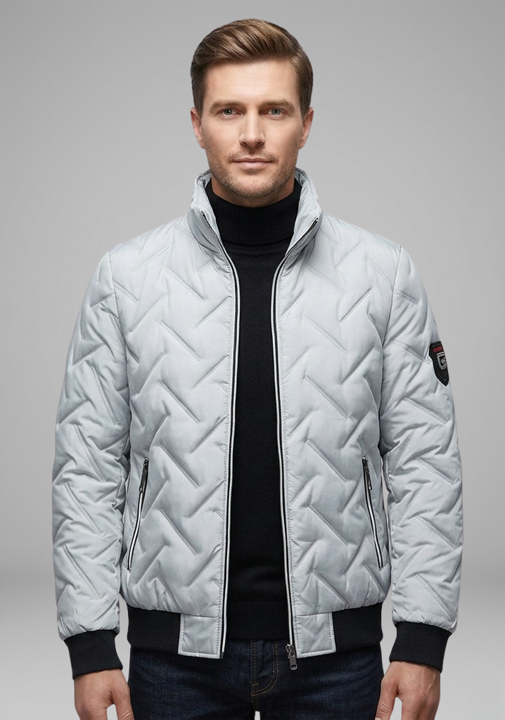 Men’s Quilted Bomber Jacket with Stand Collar and Zip Pockets