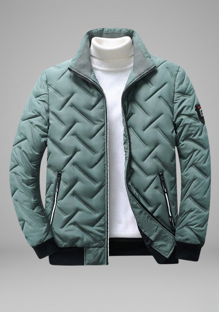 Men’s Quilted Bomber Jacket with Stand Collar and Zip Pockets