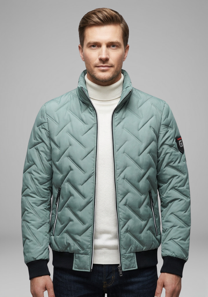Men’s Quilted Bomber Jacket with Stand Collar and Zip Pockets