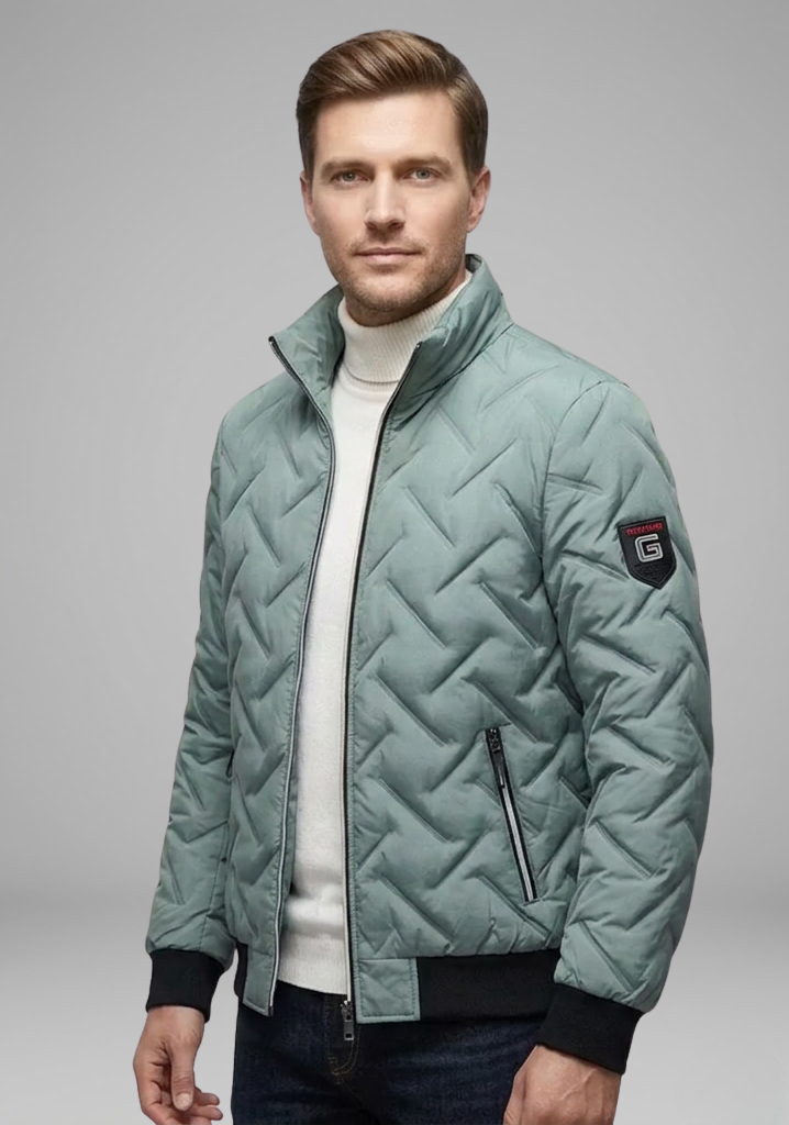 Men’s Quilted Bomber Jacket with Stand Collar and Zip Pockets