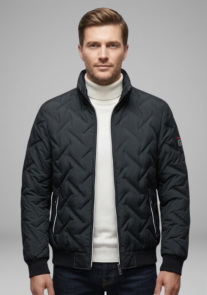 Men’s Quilted Bomber Jacket with Stand Collar and Zip Pockets