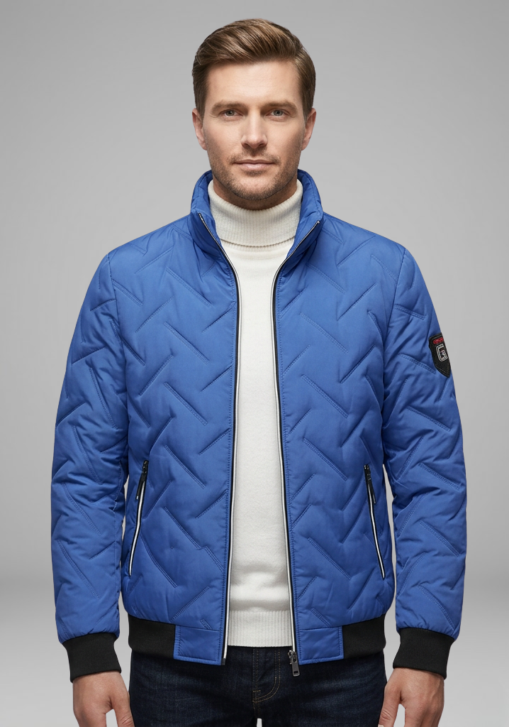 Men’s Quilted Bomber Jacket with Stand Collar and Zip Pockets