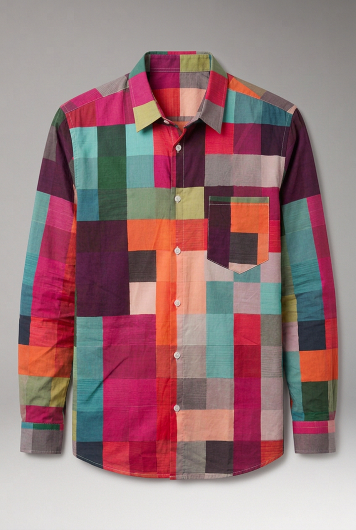Men's Shirt with Patchwork Panels and Chest Pocket