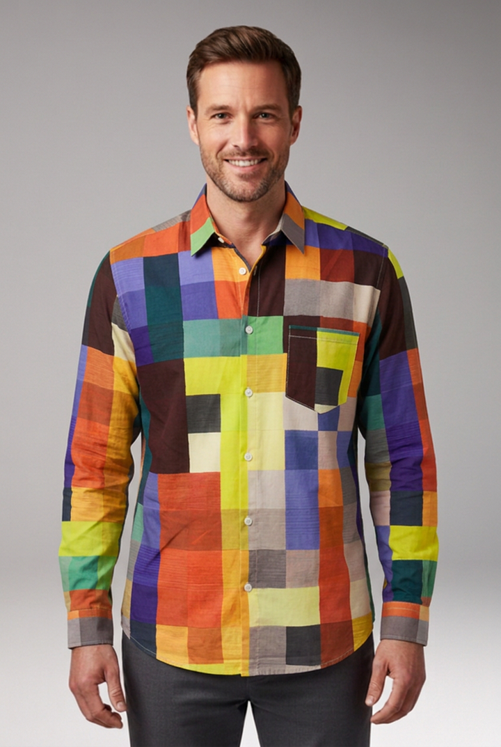 Men's Shirt with Patchwork Panels and Chest Pocket