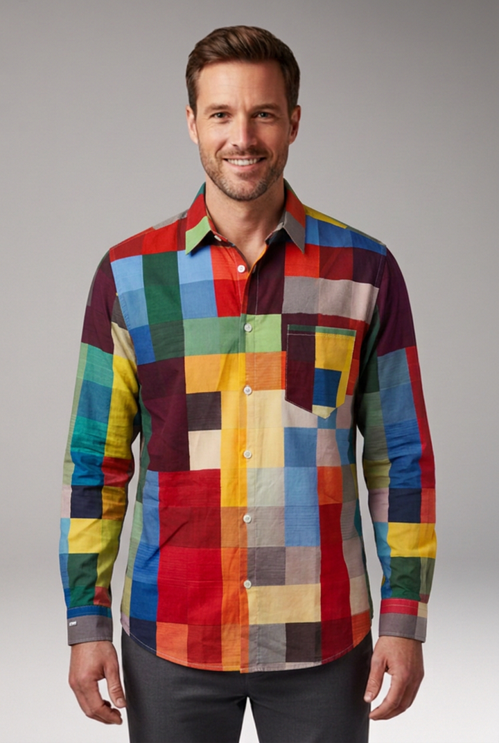 Men's Shirt with Patchwork Panels and Chest Pocket
