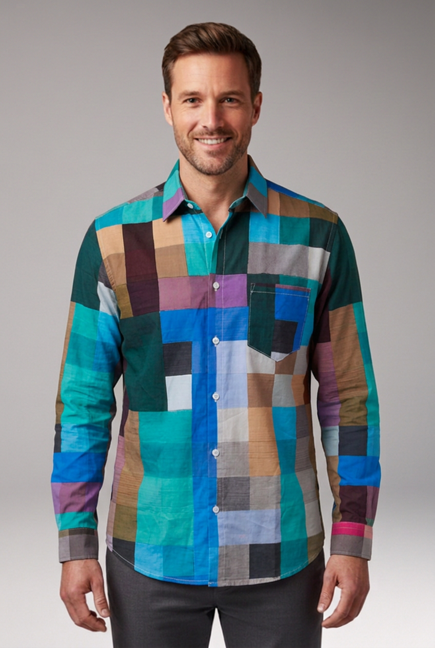 Men's Shirt with Patchwork Panels and Chest Pocket