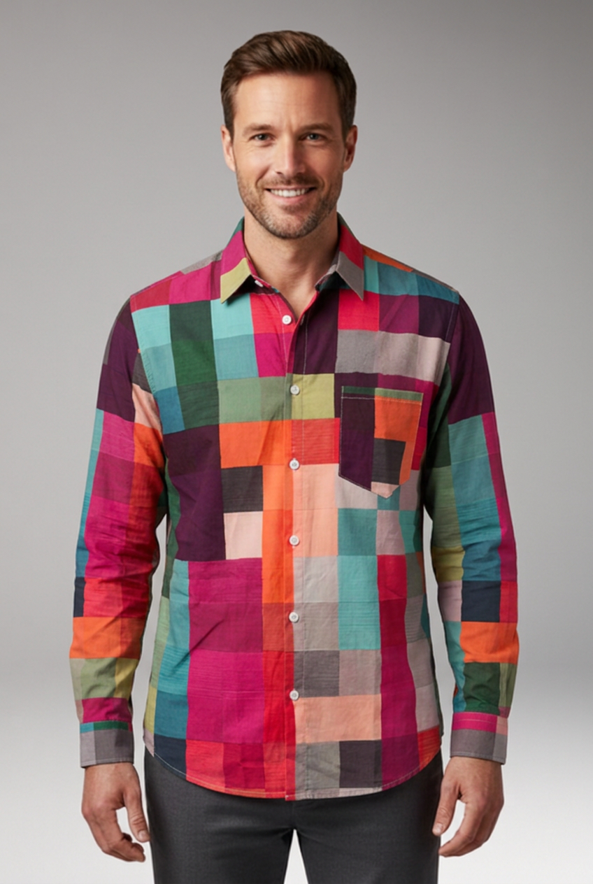 Men's Shirt with Patchwork Panels and Chest Pocket