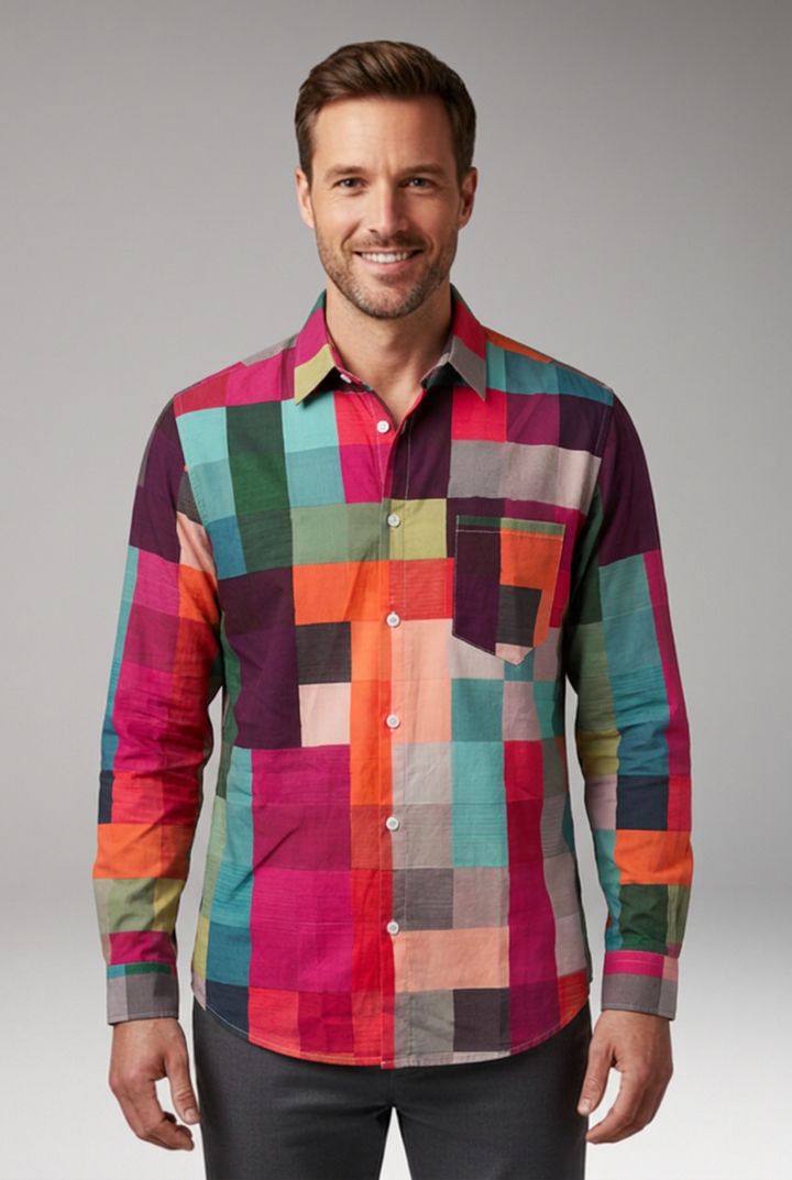 Men's Shirt with Patchwork Panels and Chest Pocket