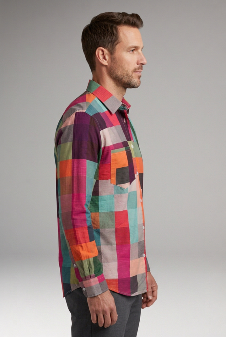 Men's Shirt with Patchwork Panels and Chest Pocket