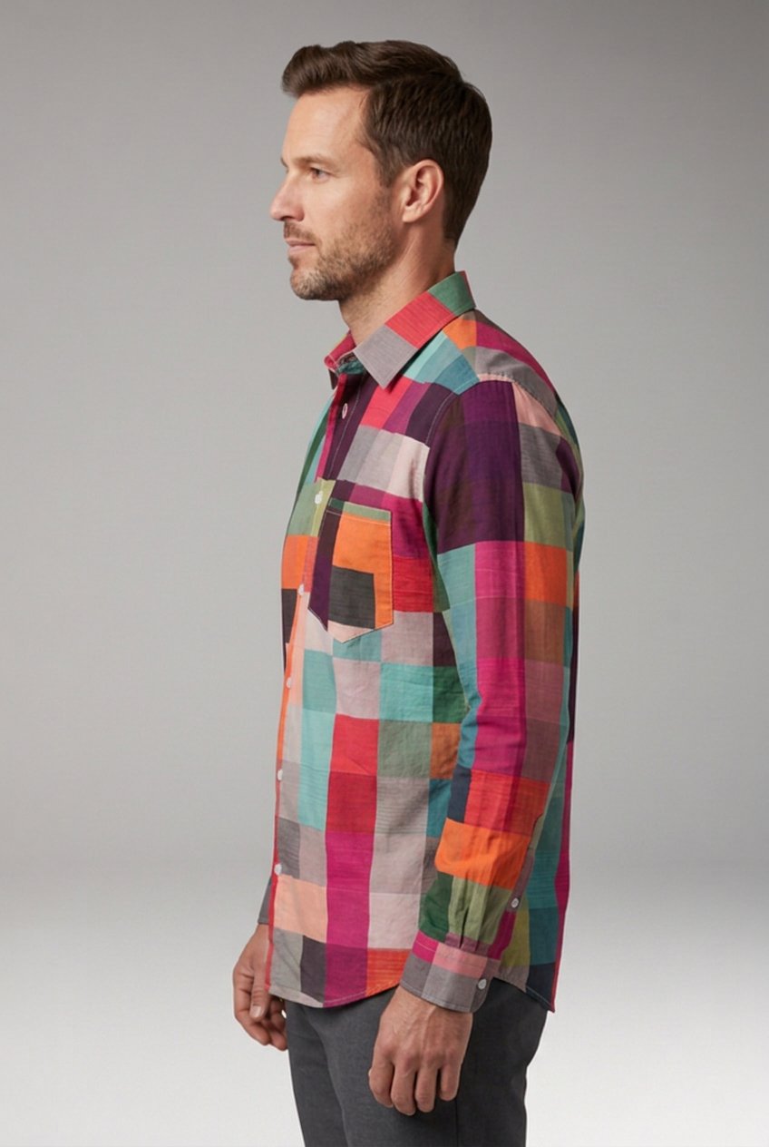 Men's Shirt with Patchwork Panels and Chest Pocket