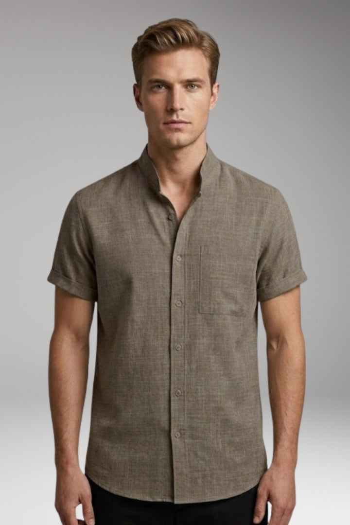 Men's Shirt with Short Sleeves and Stand-up Collar