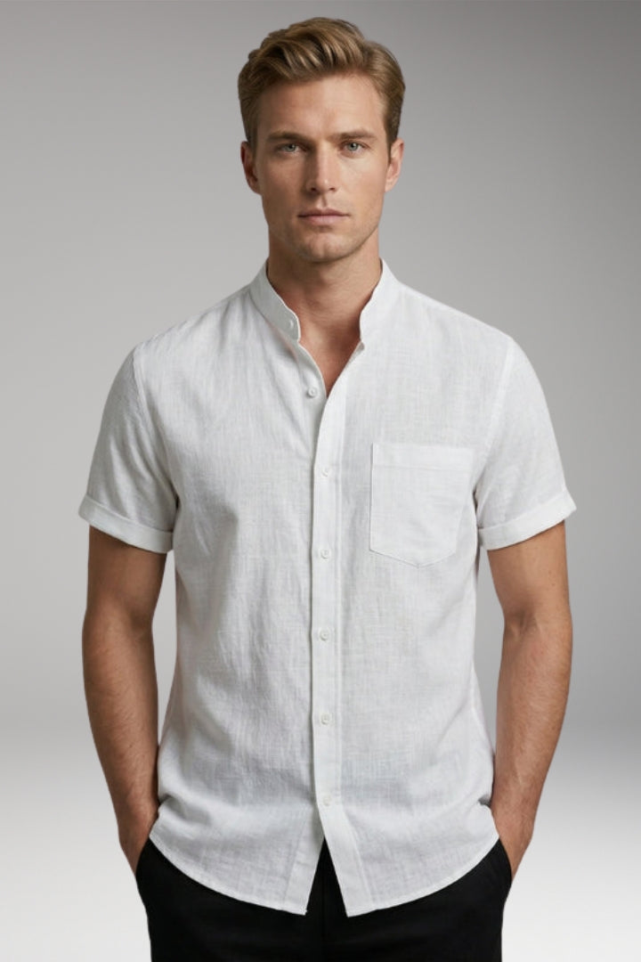 Men's Shirt with Short Sleeves and Stand-up Collar