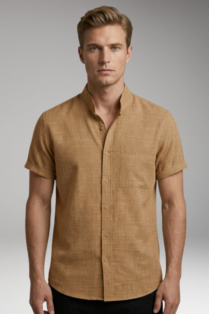 Men's Shirt with Short Sleeves and Stand-up Collar