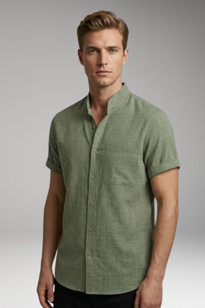 Men's Shirt with Short Sleeves and Stand-up Collar