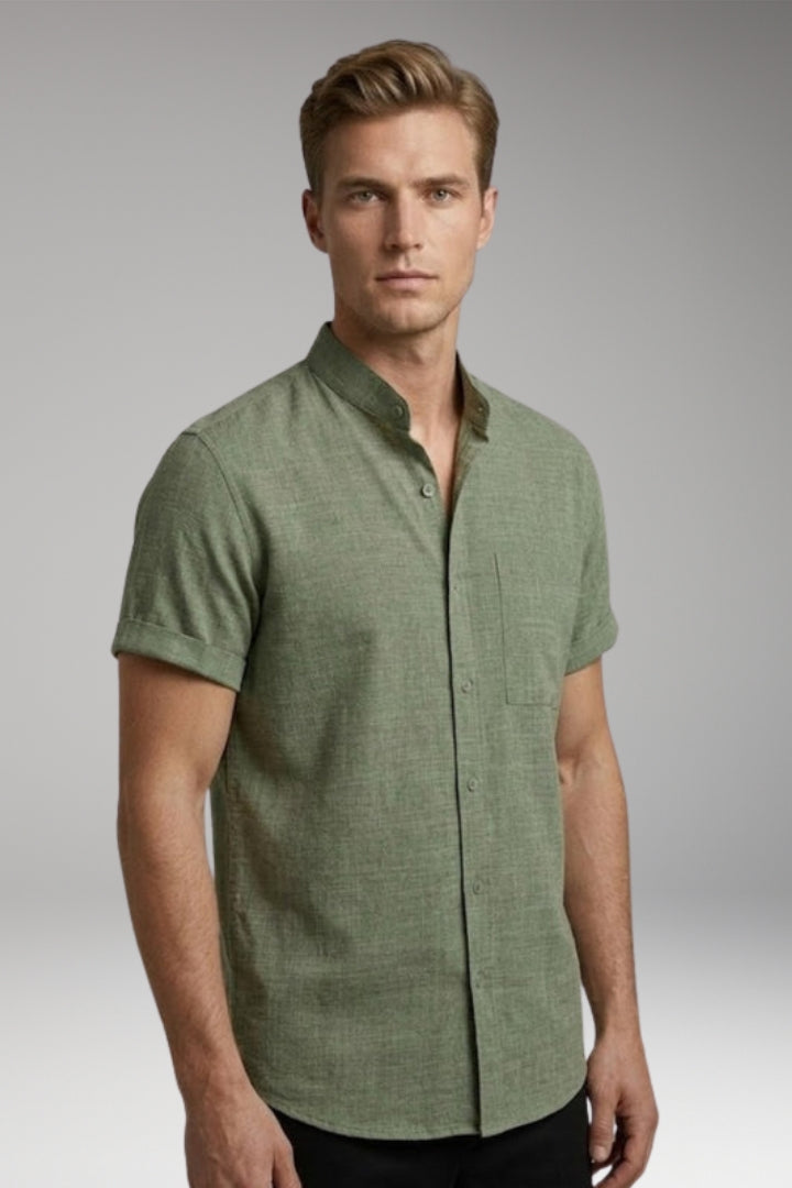 Men's Shirt with Short Sleeves and Stand-up Collar