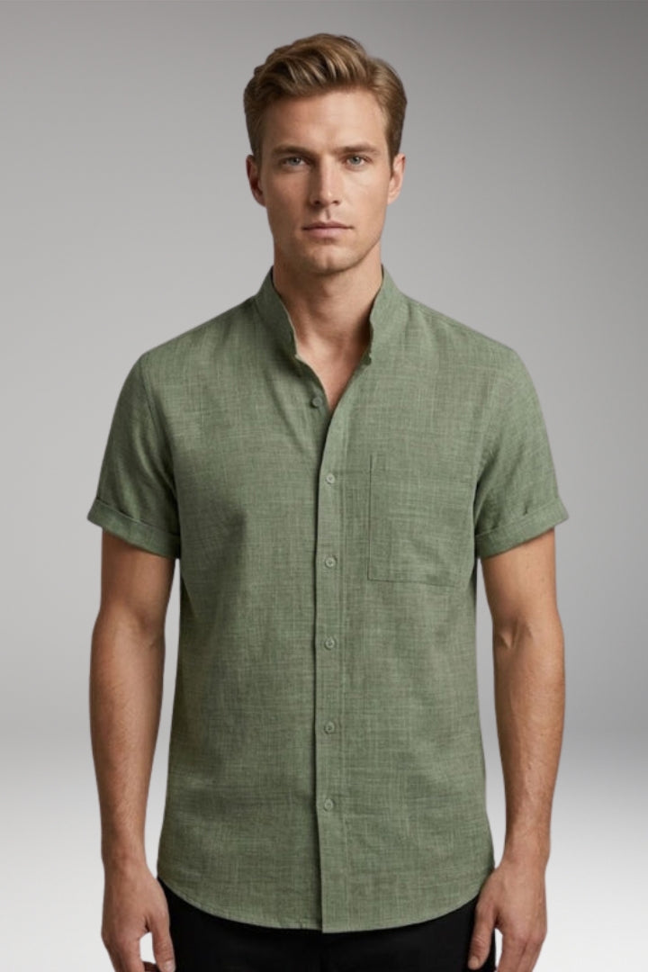 Men's Shirt with Short Sleeves and Stand-up Collar