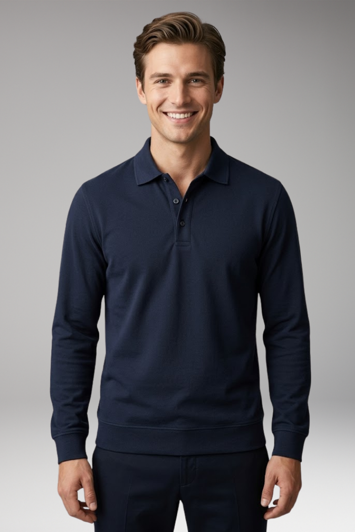 Men's Stretch-Cotton Polo Shirt with Long Sleeves and Ribbed Cuffs