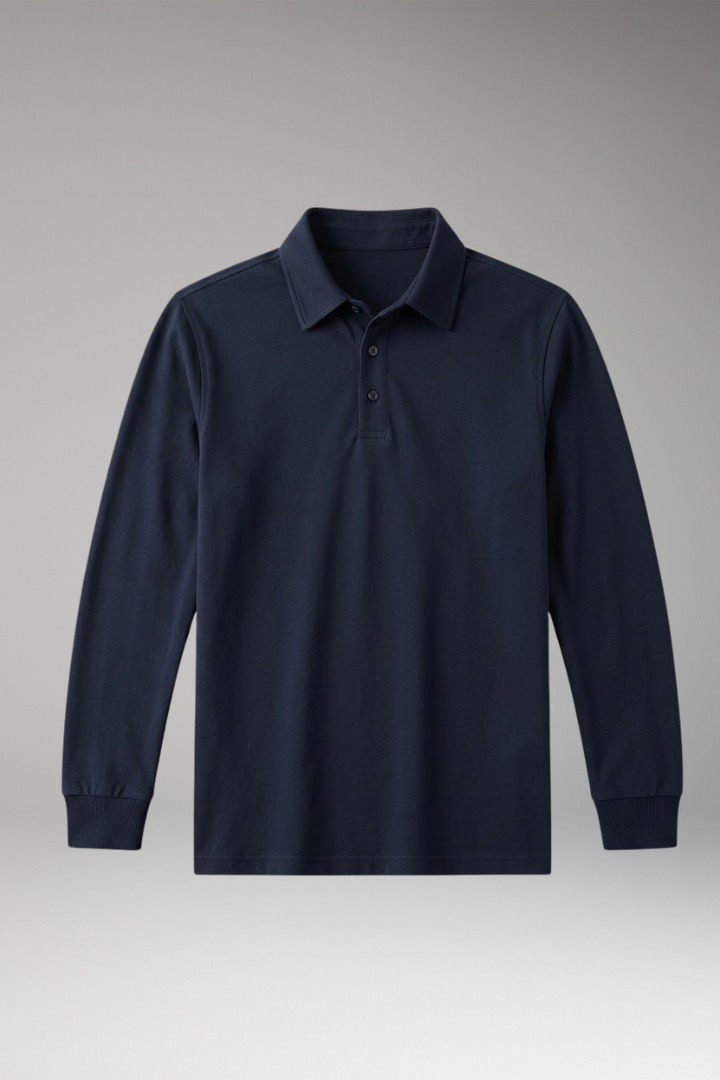 Men's Stretch-Cotton Polo Shirt with Long Sleeves and Ribbed Cuffs