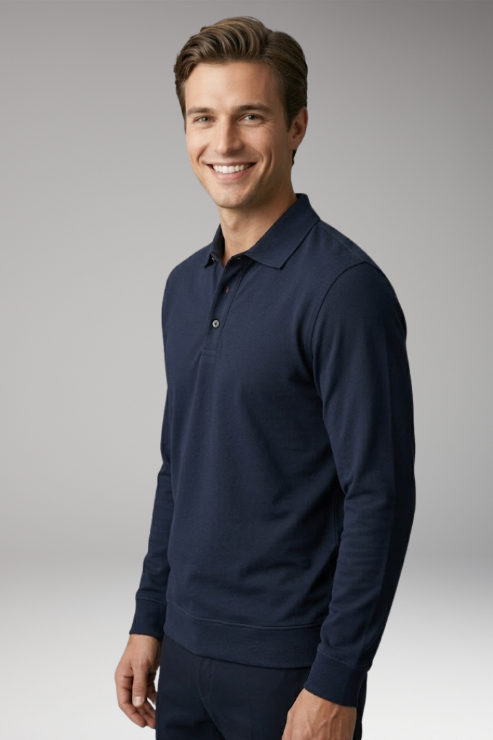 Men's Stretch-Cotton Polo Shirt with Long Sleeves and Ribbed Cuffs