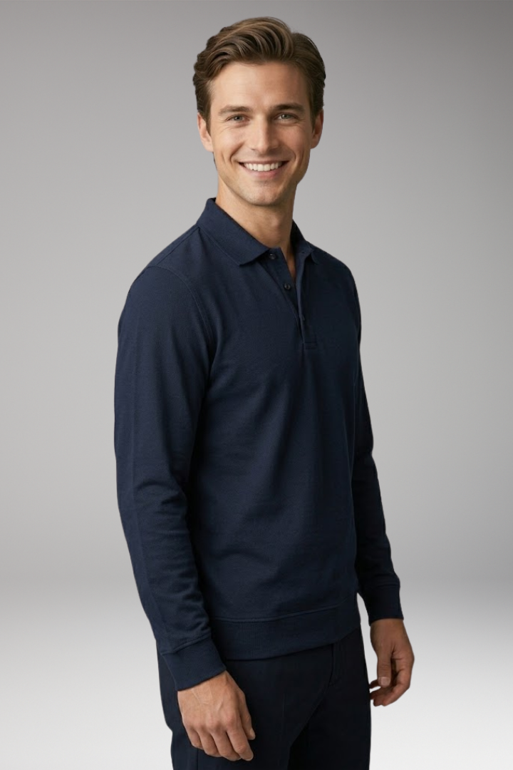 Men's Stretch-Cotton Polo Shirt with Long Sleeves and Ribbed Cuffs