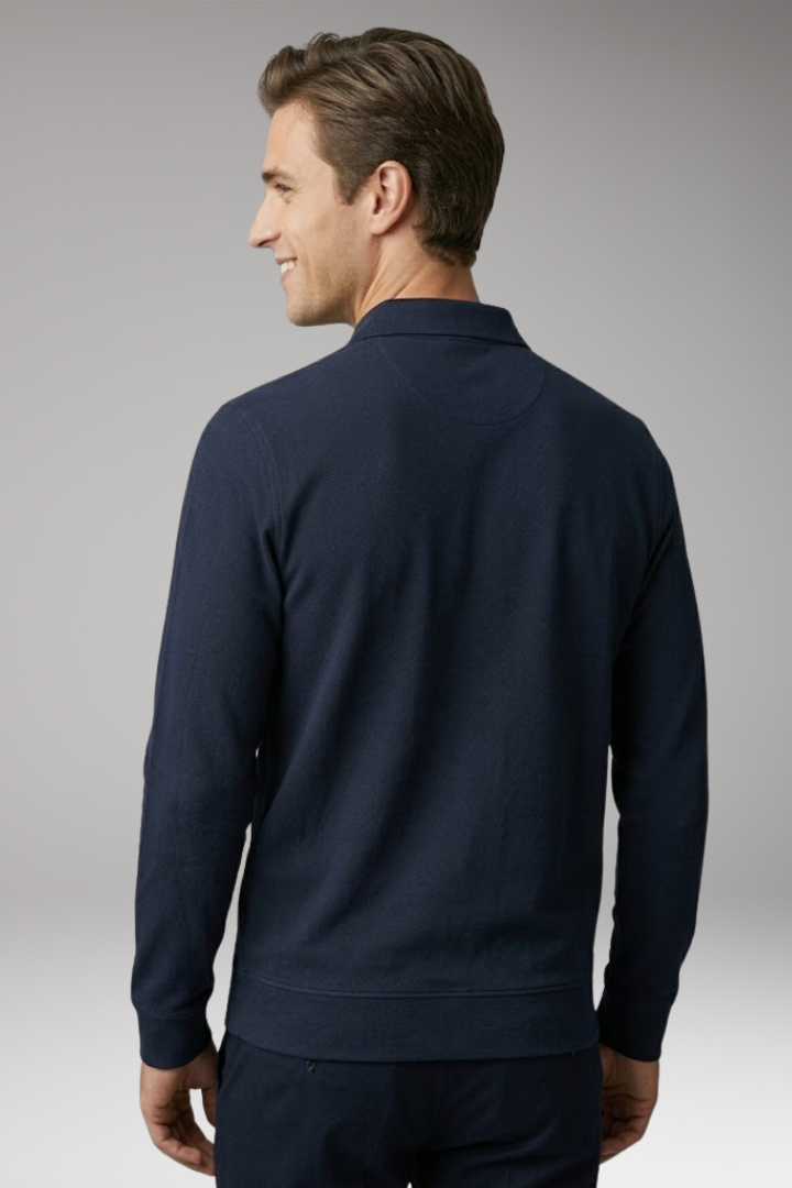 Men's Stretch-Cotton Polo Shirt with Long Sleeves and Ribbed Cuffs