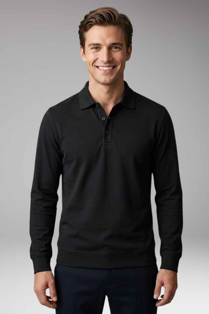 Men's Stretch-Cotton Polo Shirt with Long Sleeves and Ribbed Cuffs