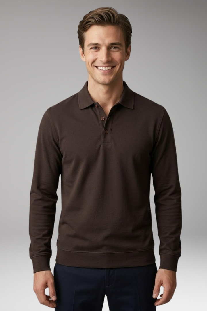 Men's Stretch-Cotton Polo Shirt with Long Sleeves and Ribbed Cuffs