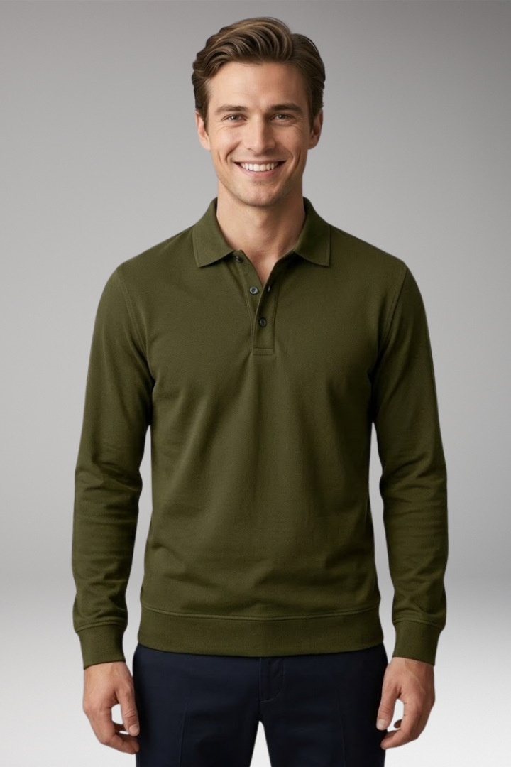 Men's Stretch-Cotton Polo Shirt with Long Sleeves and Ribbed Cuffs