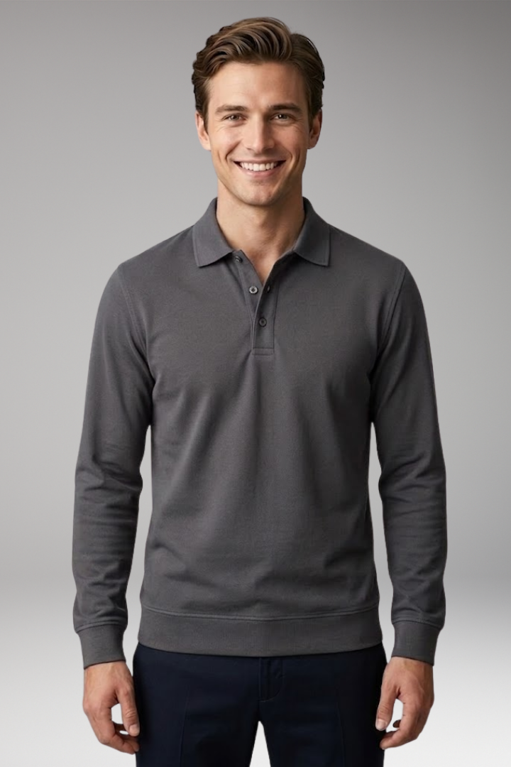 Men's Stretch-Cotton Polo Shirt with Long Sleeves and Ribbed Cuffs