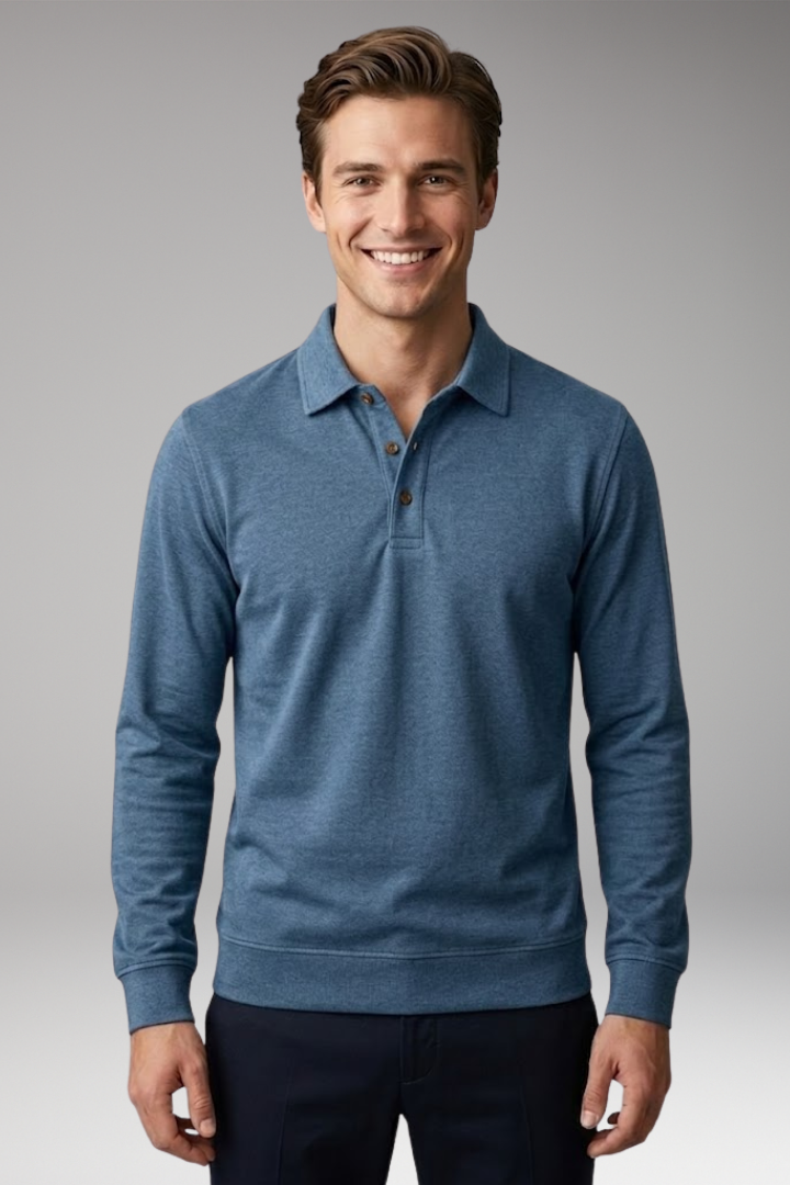 Men's Stretch-Cotton Polo Shirt with Long Sleeves and Ribbed Cuffs