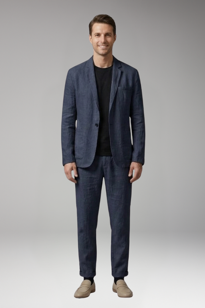 Men's Suit Set with Single-Breasted Blazer and Slim Fit Trousers