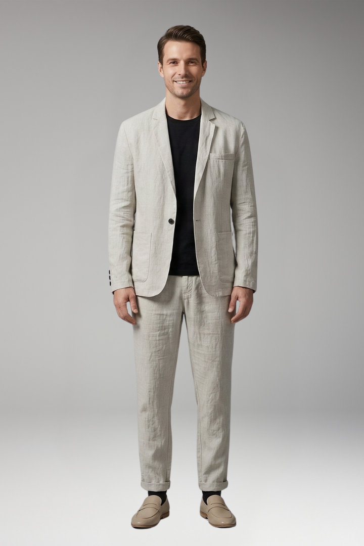 Men's Suit Set with Single-Breasted Blazer and Slim Fit Trousers