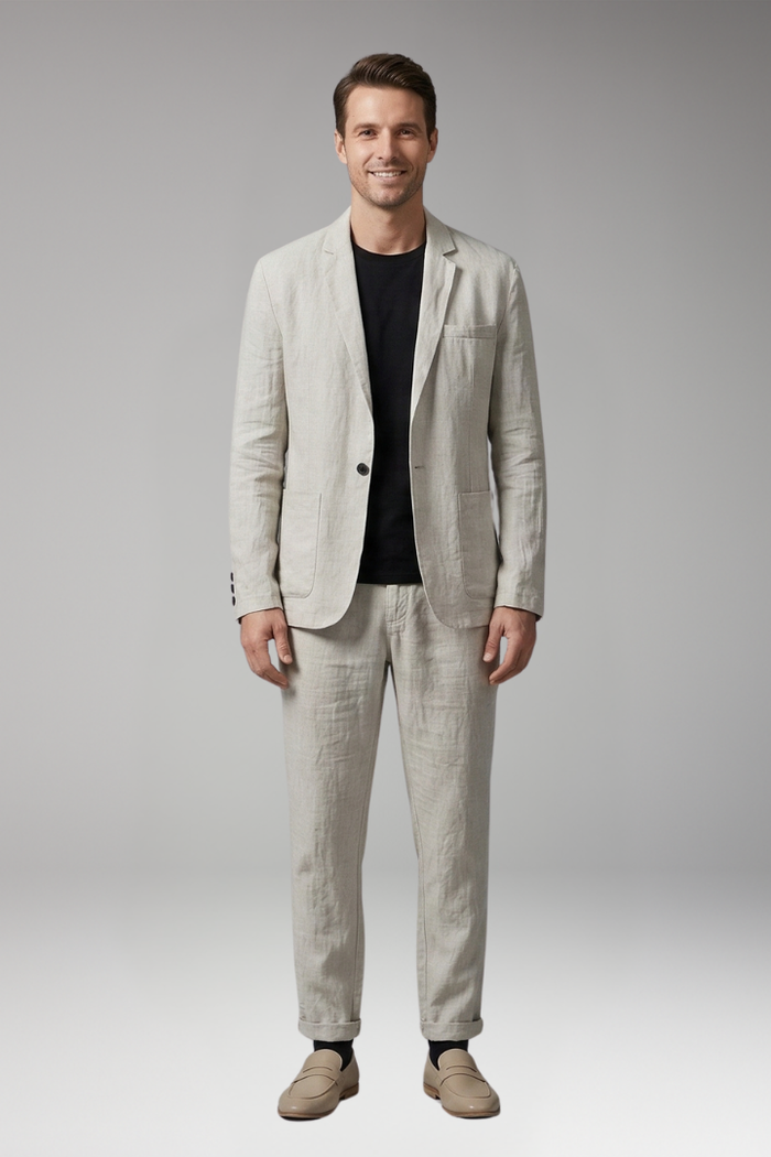 Men's Suit Set with Single-Breasted Blazer and Slim Fit Trousers