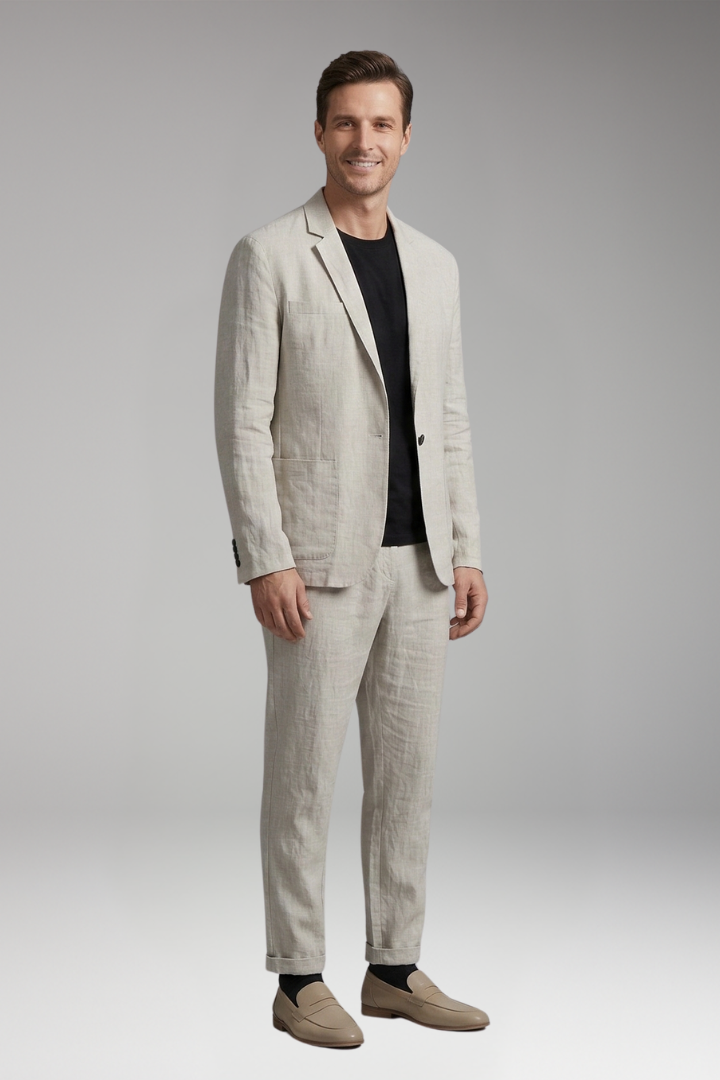 Men's Suit Set with Single-Breasted Blazer and Slim Fit Trousers