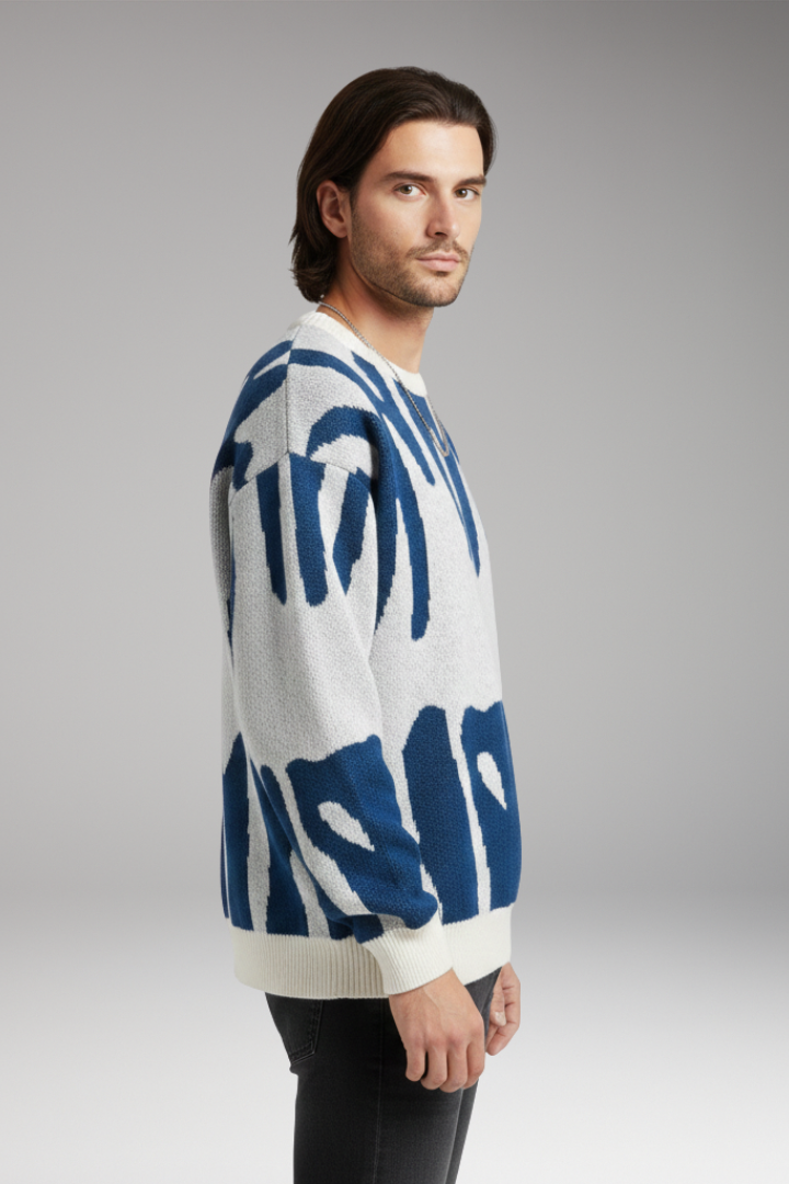 Men's Sweater with Abstract Print and Ribbed Details