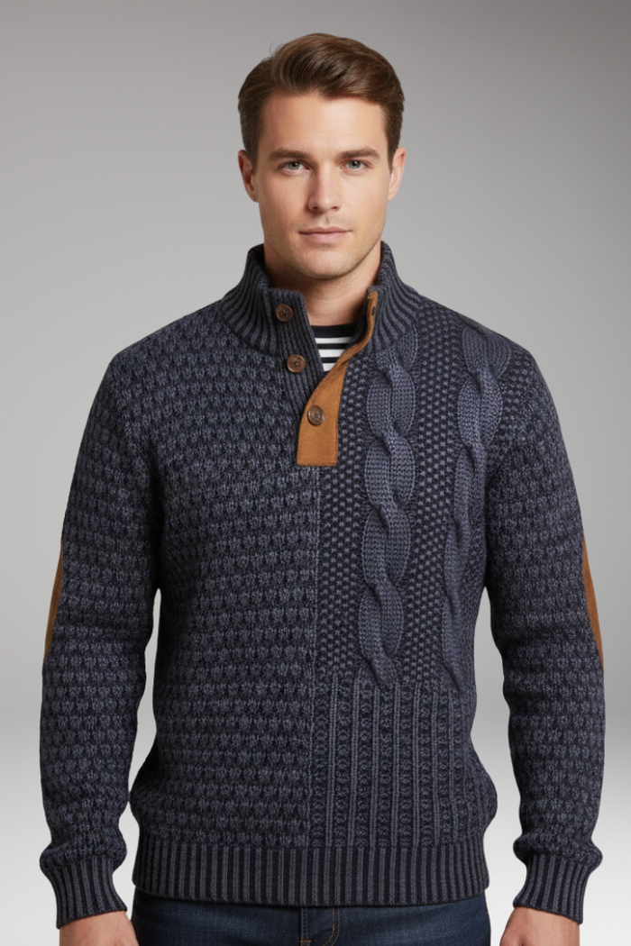 Men's Sweater with Buttoned Neckline and Elbow Patches