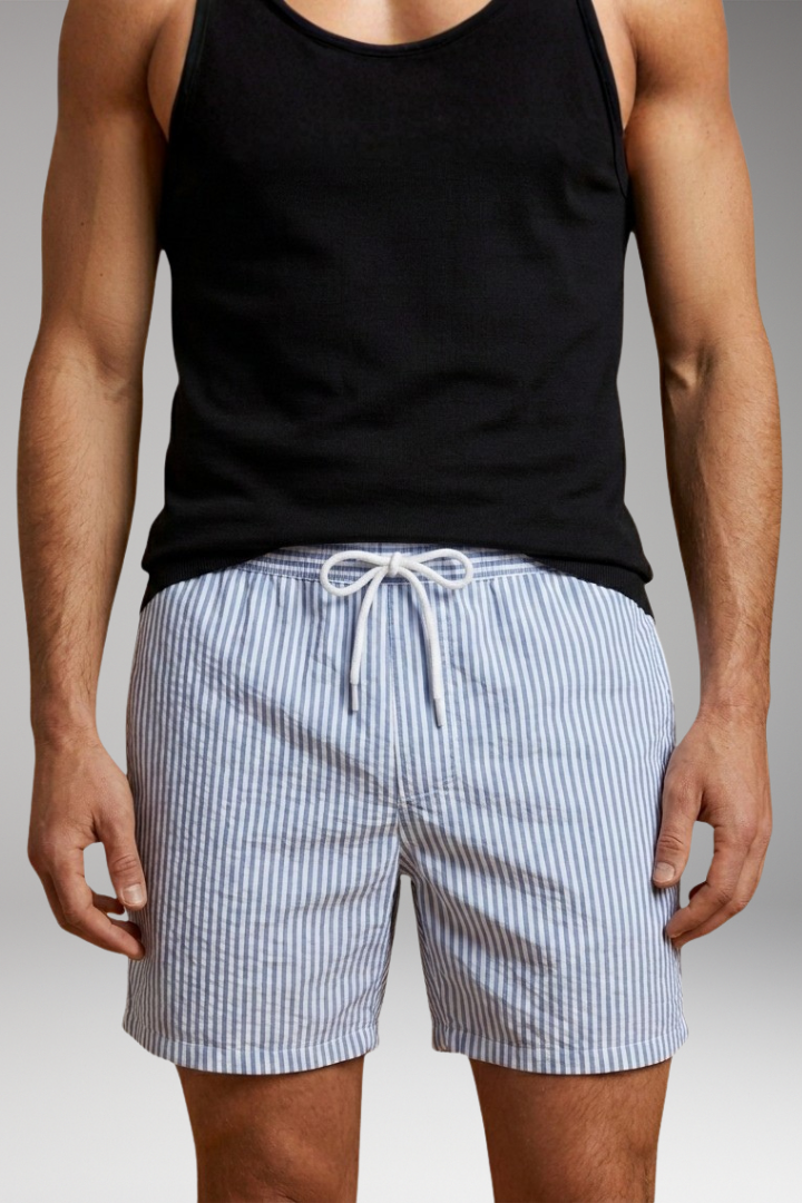 Men's Swim Shorts with Striped Design and Drawstring Waistband