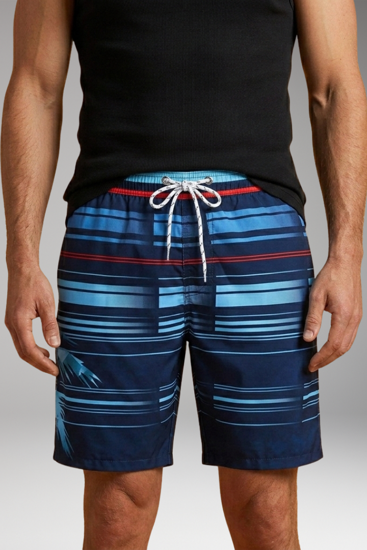 Men's Swim Shorts with Elastic Waistband and Striped Pattern