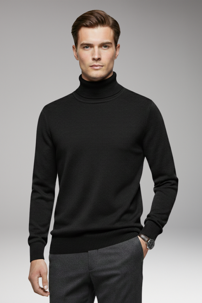 Men's Turtleneck Sweater with Ribbed Cuffs and Ribbed Hem