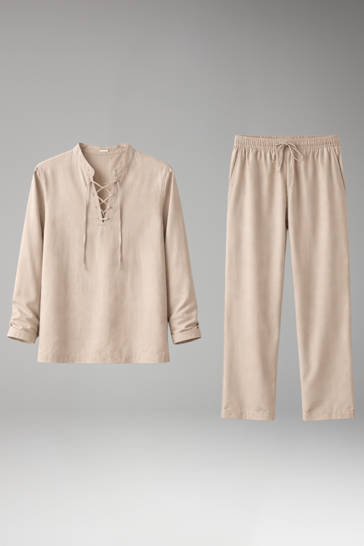 Men's Two-Piece Set with Lace-Up Shirt and Relaxed Fit Trousers