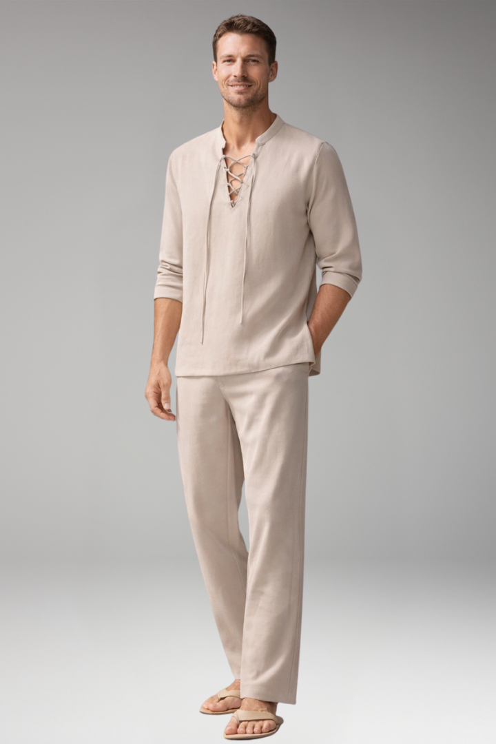 Men's Two-Piece Set with Lace-Up Shirt and Relaxed Fit Trousers