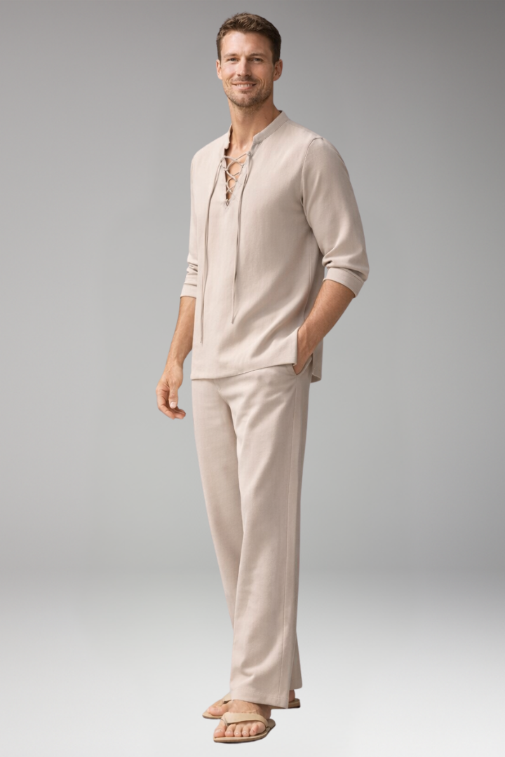 Men's Two-Piece Set with Lace-Up Shirt and Relaxed Fit Trousers